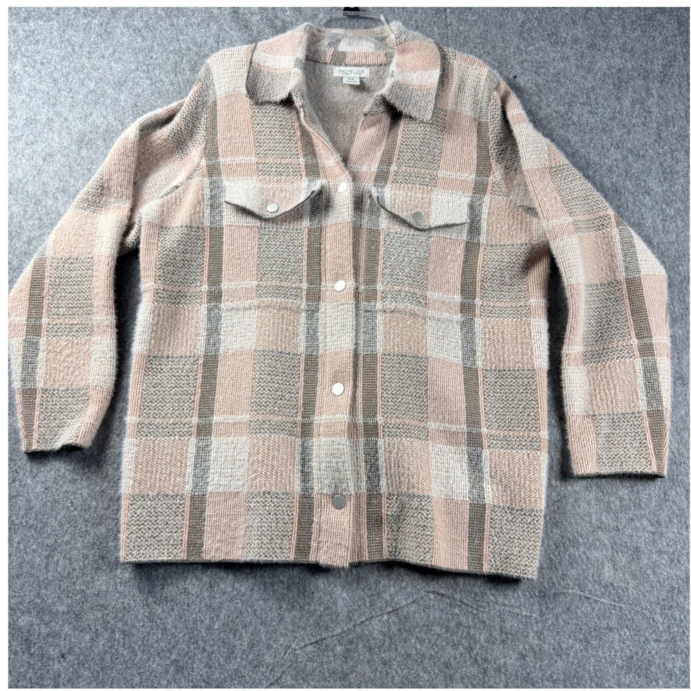 Rachel Zoe Women Size 1X Jacket Pink Tan Plaid Knit Shacket Snap‎ Front Plus